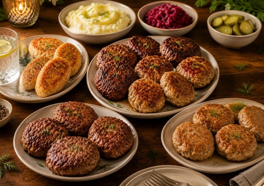 Different types of kotleti made with chicken, turkey, beef and pork