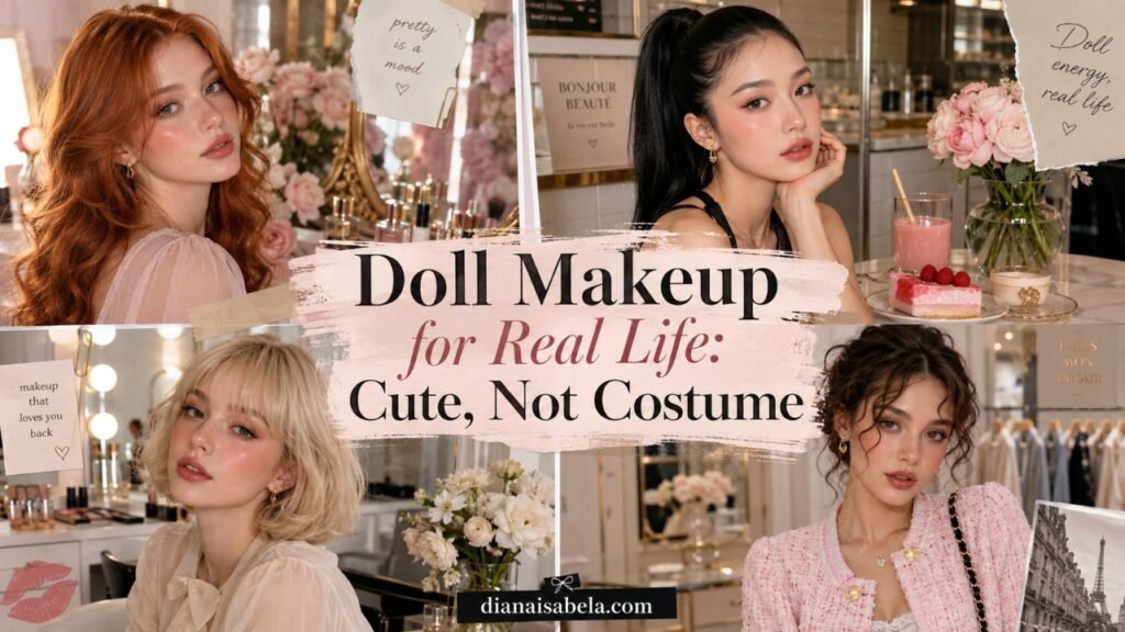 Doll makeup for real life with soft rosy blush, glossy lips, fluttery lashes, coquette outfits, flowers, café beauty mood, and cute wearable styling