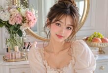 Doll makeup for real life with soft rosy blush, glossy lips, fluttery lashes, romantic vanity details, flowers, fruit, and cute wearable beauty styling