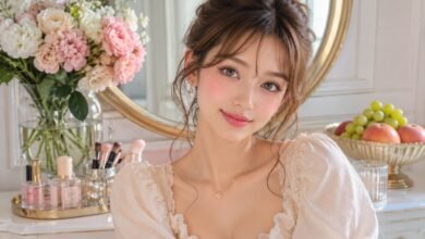 Doll makeup for real life with soft rosy blush, glossy lips, fluttery lashes, romantic vanity details, flowers, fruit, and cute wearable beauty styling