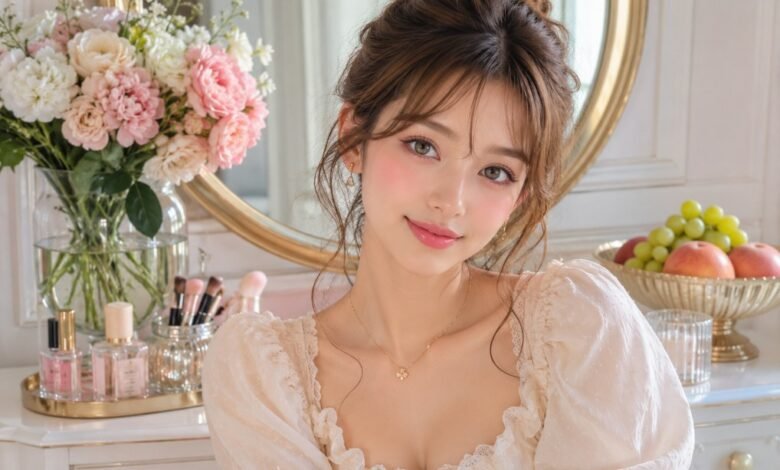 Doll makeup for real life with soft rosy blush, glossy lips, fluttery lashes, romantic vanity details, flowers, fruit, and cute wearable beauty styling