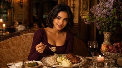 Stylish woman in a plum dinner outfit enjoying dumplings, kotleti, mashed potatoes and cozy restaurant comfort food