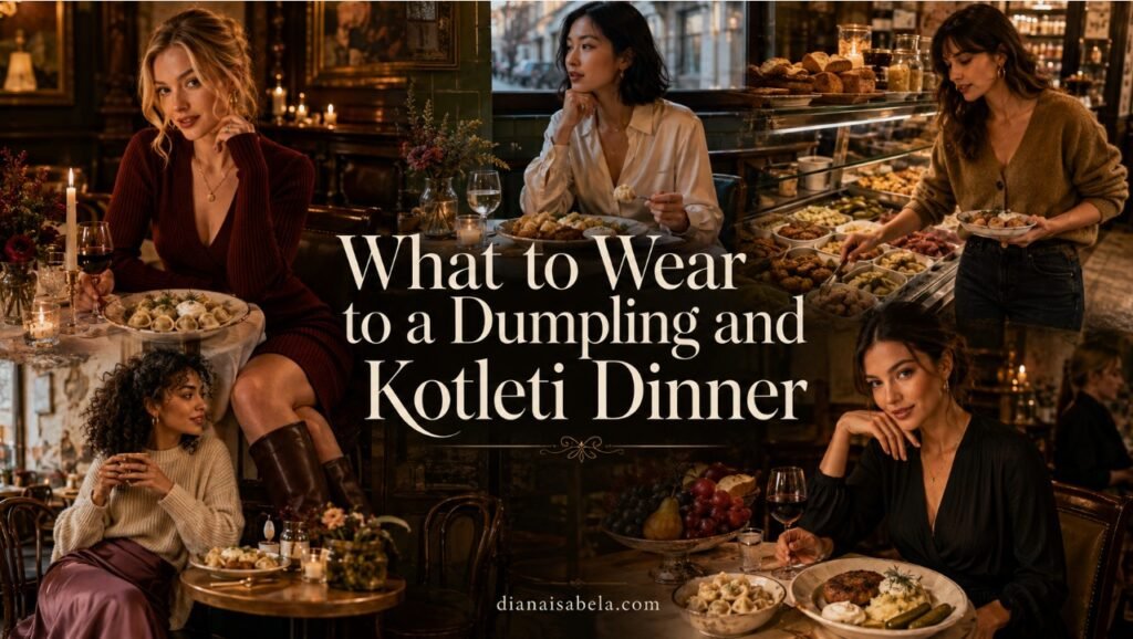 Stylish women wearing cozy dinner outfits with dumplings, kotleti, mashed potatoes, pickles and candlelit restaurant style