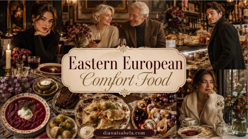 Stylish Eastern European comfort food scene with borscht, dumplings, kotleti, pickles, pastries, flowers and cozy café culture