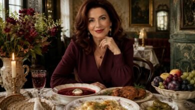 Elegant woman enjoying Eastern European comfort food with borscht, dumplings, kotleti, pickles, bread, flowers and fruit