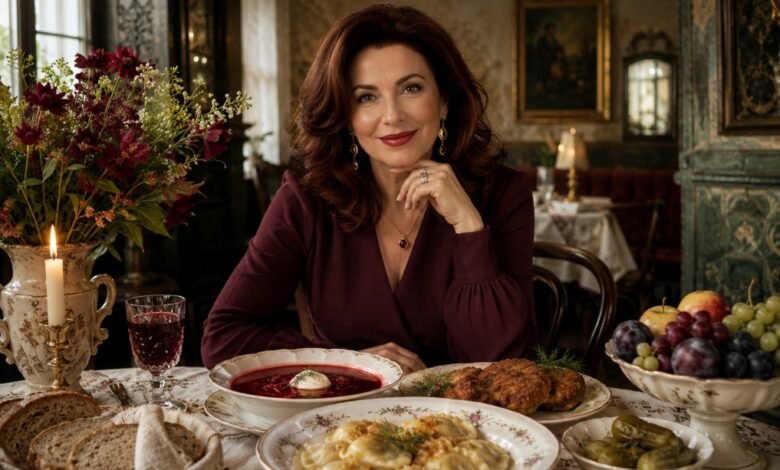 Elegant woman enjoying Eastern European comfort food with borscht, dumplings, kotleti, pickles, bread, flowers and fruit