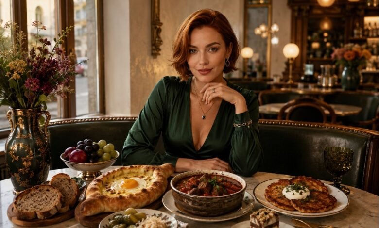Stylish European bistro table with khachapuri, goulash, potato pancakes, pickles, bread, dessert, fruit and cozy dinner atmosphere