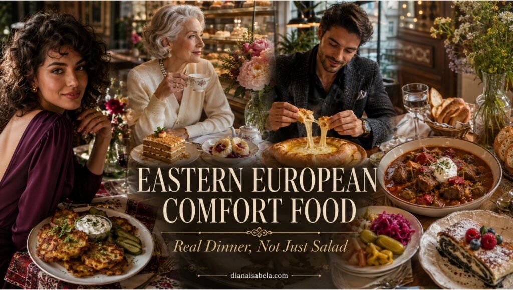 Eastern European comfort food collage with khachapuri, goulash, potato pancakes, desserts, pickles and stylish cozy dining moments