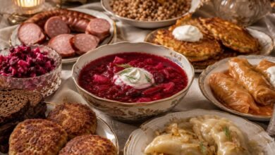 Eastern European food spread with borscht, kotleti, vareniki, cabbage rolls, potato pancakes, buckwheat, beet salad and rye bread