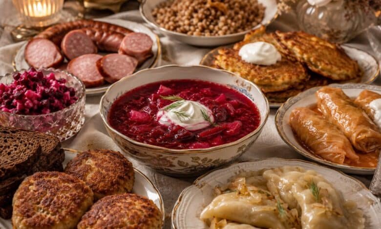 Eastern European food spread with borscht, kotleti, vareniki, cabbage rolls, potato pancakes, buckwheat, beet salad and rye bread