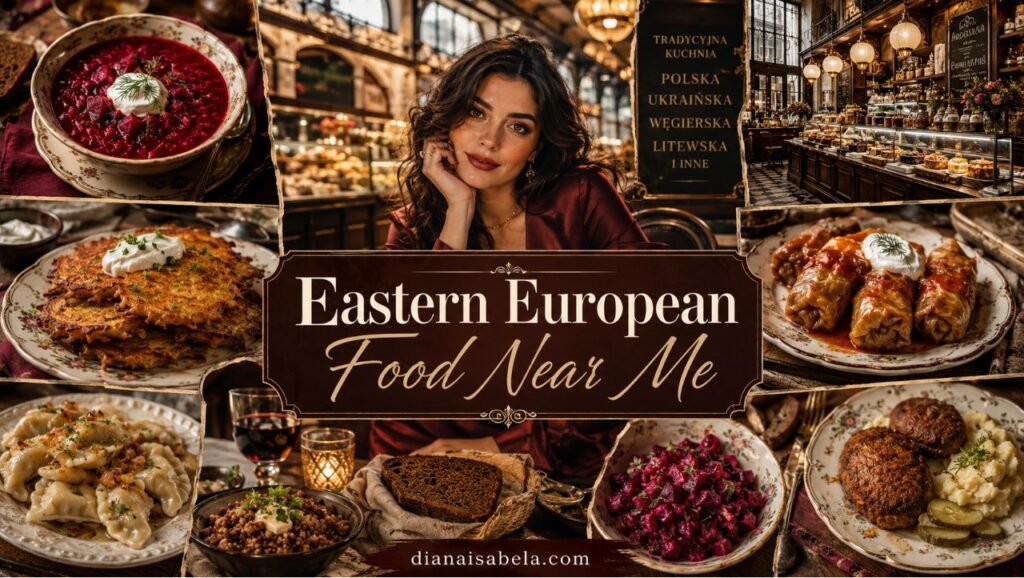 Eastern European food near me guide with borscht, potato pancakes, vareniki, cabbage rolls, kotleti, beet salad, rye bread and cozy restaurant atmosphere
