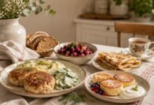 Easy Russian recipes at home with kotleti, mashed potatoes, cucumber salad, syrniki, blini, beet salad, rye bread and tea on a cozy kitchen table.