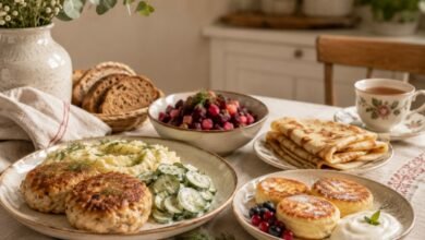 Easy Russian recipes at home with kotleti, mashed potatoes, cucumber salad, syrniki, blini, beet salad, rye bread and tea on a cozy kitchen table.