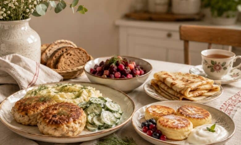 Easy Russian recipes at home with kotleti, mashed potatoes, cucumber salad, syrniki, blini, beet salad, rye bread and tea on a cozy kitchen table.