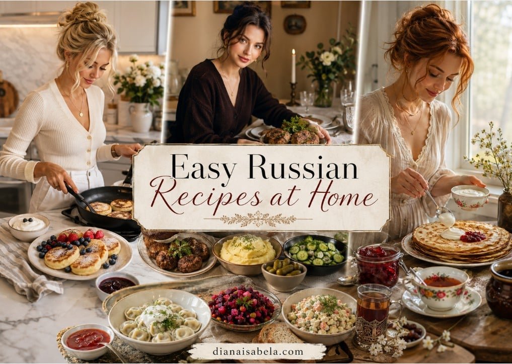 Easy Russian recipes at home with syrniki, kotleti, pelmeni, blini, beet salad, Olivier salad, cucumber salad, mashed potatoes, tea and cozy home cooking scenes.