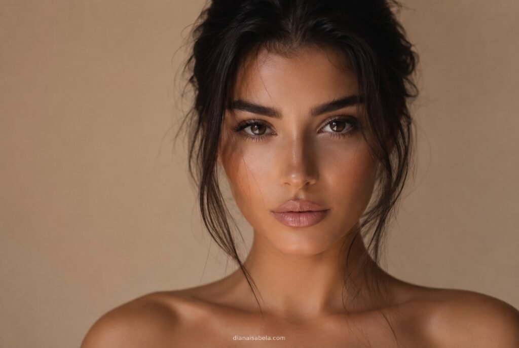 Stylish young woman with natural makeup and relaxed hair in a soft neutral look, showing calm effortless beauty and understated fashion mood.