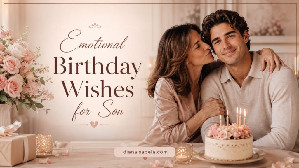 Emotional birthday wishes for son with a loving mother, birthday cake, flowers, and warm family celebration