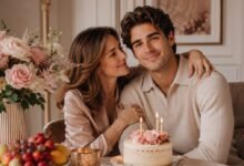 Mother embracing her adult son during a warm birthday celebration with cake, flowers, and candles