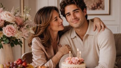 Mother embracing her adult son during a warm birthday celebration with cake, flowers, and candles