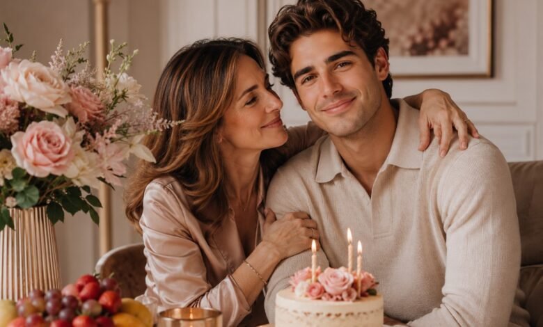 Mother embracing her adult son during a warm birthday celebration with cake, flowers, and candles