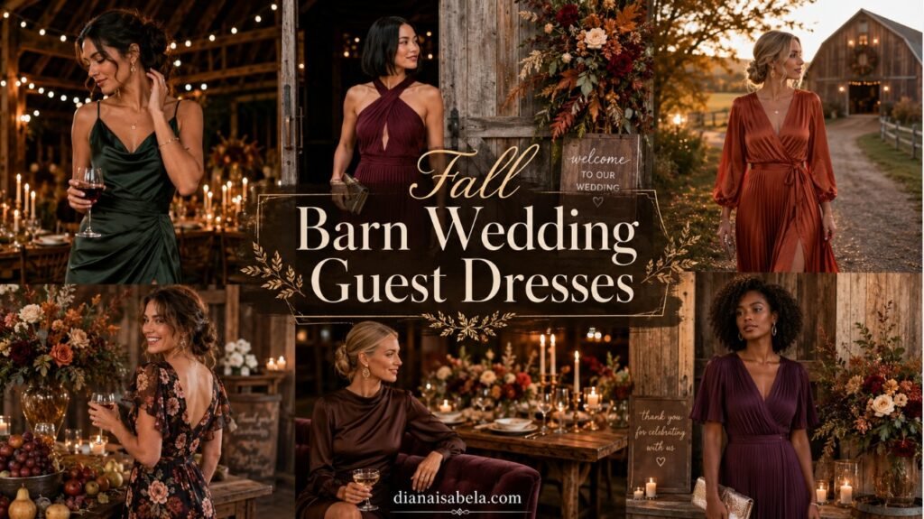 Fall Barn Wedding Guest Dresses: How to Look Rustic-Elegant Without Dressing Like the Décor 2 Fall barn wedding guest dresses in rich autumn colors styled for elegant rustic wedding celebrations.