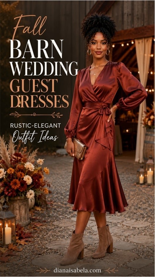 Fall Barn Wedding Guest Dresses: How to Look Rustic-Elegant Without Dressing Like the Décor 3 Fall barn wedding guest dress in rust satin styled with ankle boots for a rustic-elegant autumn celebration.