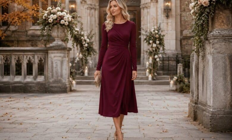 Woman in an elegant burgundy long-sleeve midi dress outside a decorated historic church for a fall wedding