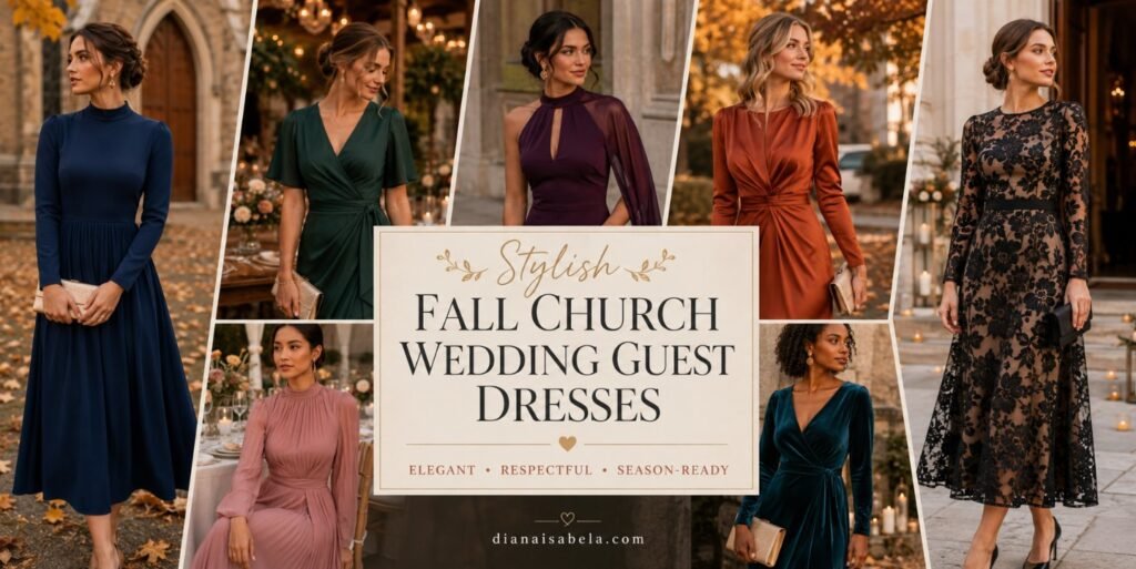 Elegant women in navy, green, plum, rust, blush, teal, and black dresses styled for a fall church wedding