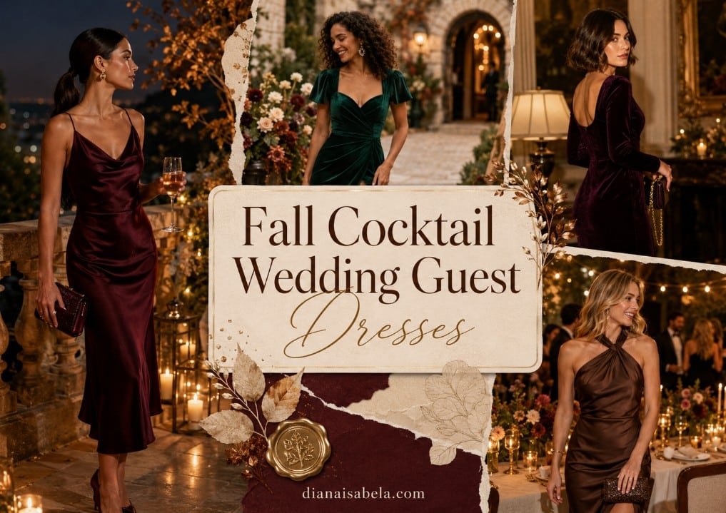 Fall cocktail wedding guest dresses in burgundy, emerald, plum, and chocolate styles for elegant autumn receptions, evening venues, and dressy wedding celebrations