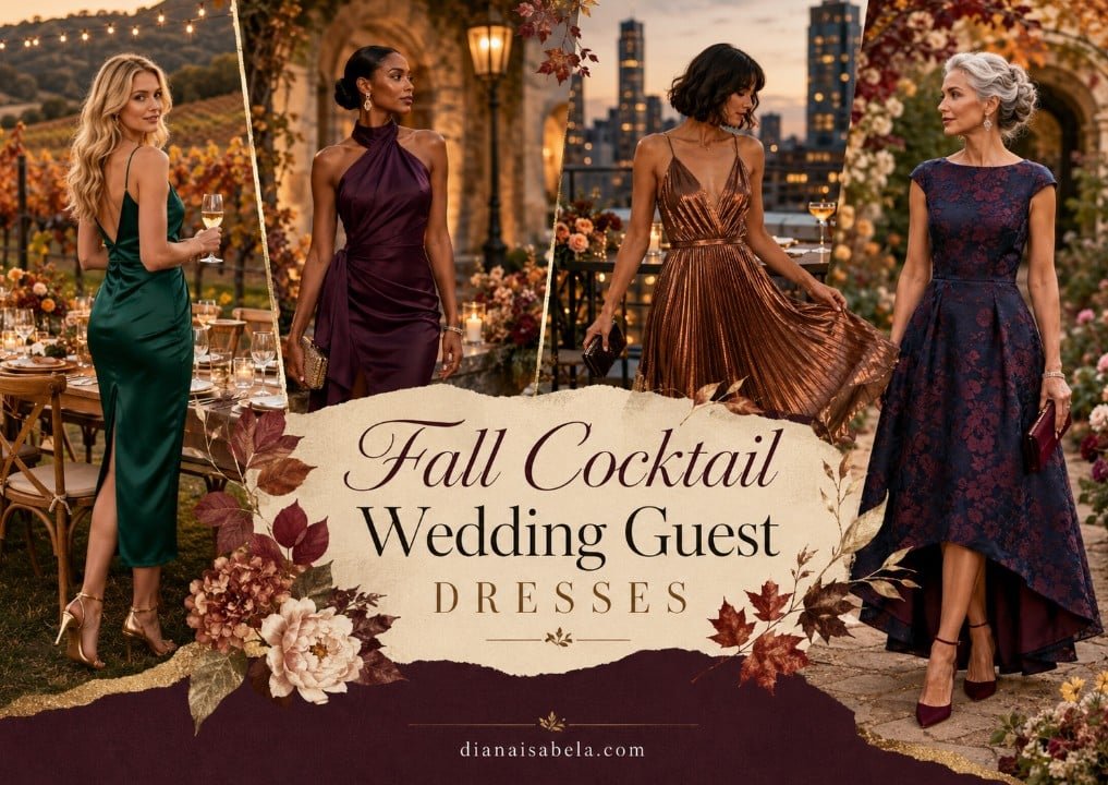 Fall cocktail wedding guest dresses in emerald, plum, bronze, and navy floral styles for elegant autumn receptions.