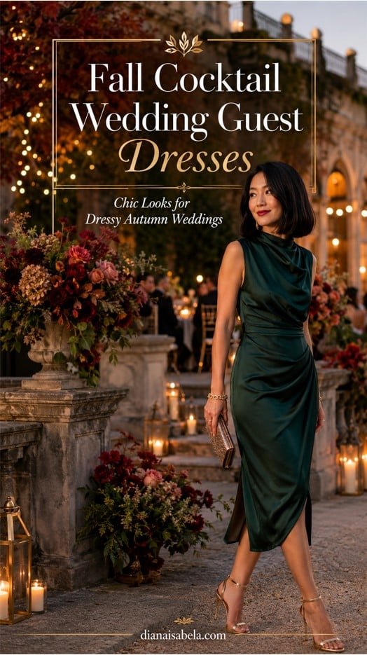 Emerald satin fall cocktail wedding guest dress styled with gold heels, refined accessories, candlelit florals, and elegant autumn reception atmosphere.