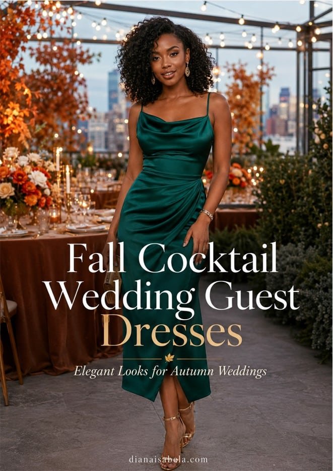 Fall cocktail wedding guest dress in emerald satin styled with gold heels for an elegant autumn reception.
