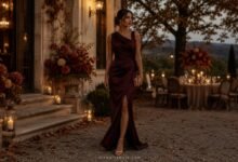 Burgundy fall formal wedding guest dress styled for an elegant autumn evening wedding with candlelight, seasonal florals, and a refined estate setting.
