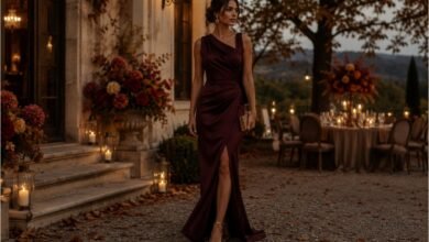 Burgundy fall formal wedding guest dress styled for an elegant autumn evening wedding with candlelight, seasonal florals, and a refined estate setting.