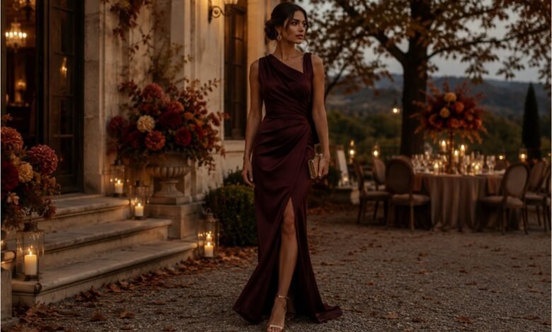 burgundy wedding guest dress AW.Bridal Column V-Neck Floor Length Sleeveless Split Crisscross Back Wedding Guest Dresses Dress Burgundy Size 4