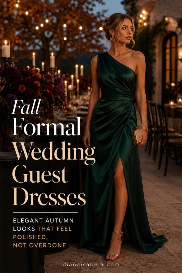 Fall Formal Wedding Guest Dresses: Elegant Autumn Looks That Feel Polished, Not Overdone 3 Emerald fall formal wedding guest dress styled for an elegant autumn reception with candlelight, rich seasonal florals, and a polished evening wedding atmosphere.