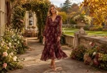 Fall garden wedding guest dress in burgundy floral chiffon styled for a romantic autumn estate ceremony.