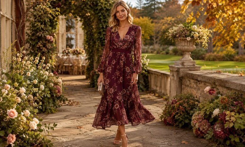 Fall garden wedding guest dress in burgundy floral chiffon styled for a romantic autumn estate ceremony.