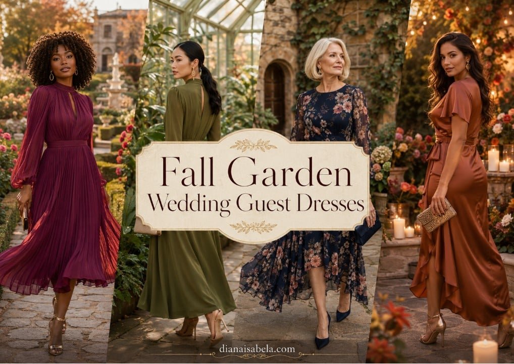 Fall Garden Wedding Guest Dresses: Romantic Outdoor Looks That Don’t Feel Too Spring 2 Fall garden wedding guest dresses in plum, olive, navy floral, and bronze styled for romantic autumn garden celebrations.