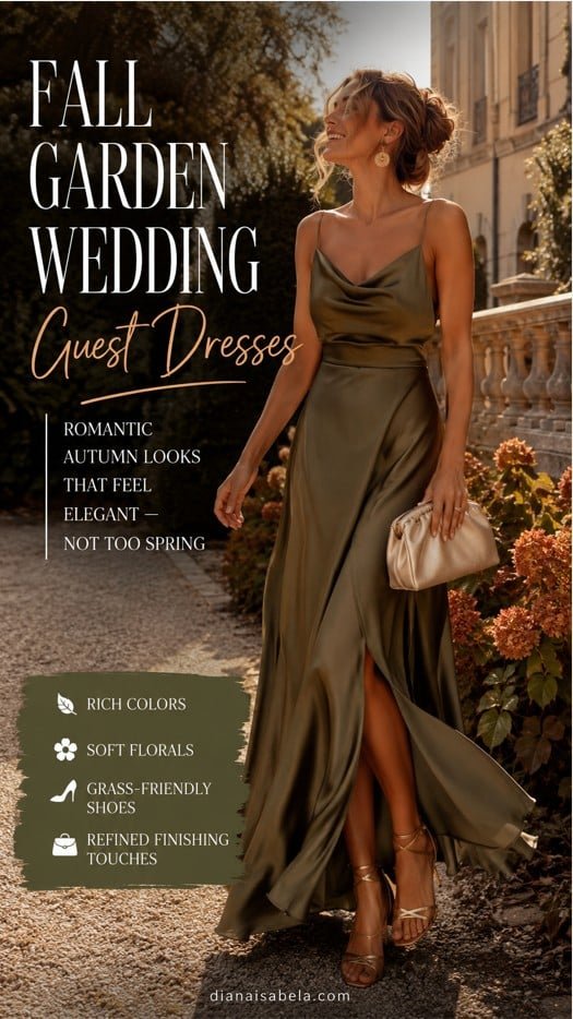 Fall Garden Wedding Guest Dresses: Romantic Outdoor Looks That Don’t Feel Too Spring 3 Fall garden wedding guest dress in olive satin styled with elegant heels and romantic autumn garden details.