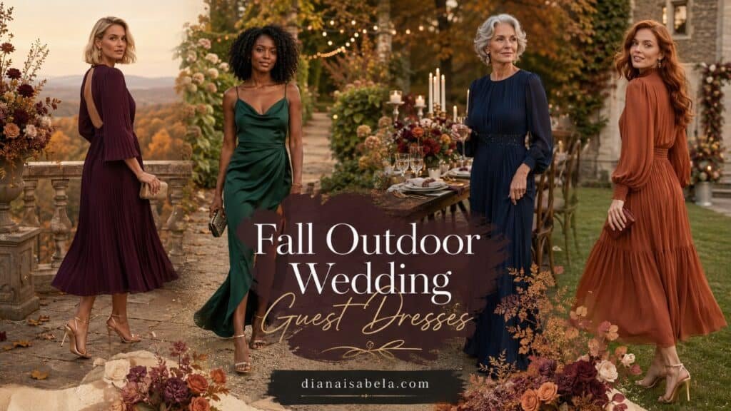 Fall Outdoor Wedding Guest Dresses: What to Wear When the Ceremony Is Pretty but the Weather Has Opinions 2 Fall outdoor wedding guest dresses in plum, emerald, navy, and rust styled for elegant autumn ceremonies and receptions.