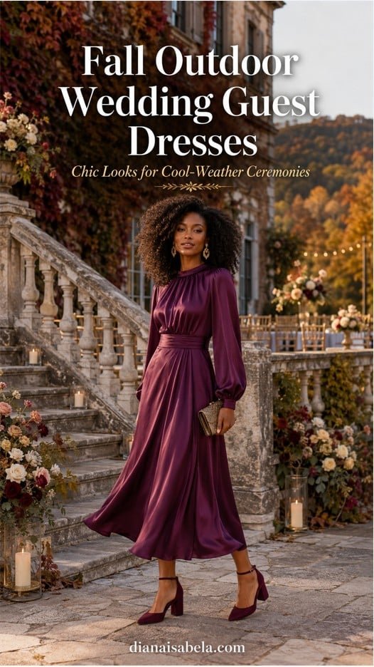 Fall Outdoor Wedding Guest Dresses: What to Wear When the Ceremony Is Pretty but the Weather Has Opinions 3 Plum satin wedding guest dress styled for a fall outdoor ceremony at an elegant estate venue.