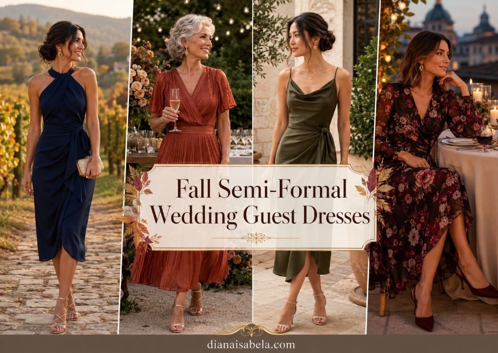 Fall semi formal wedding guest dresses in navy, rust, olive, and dark floral styles for polished autumn wedding outfits.