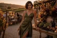 Fall vineyard wedding guest dress in olive satin styled for a golden hour wine-country celebration.