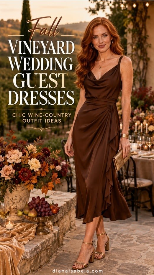 Fall vineyard wedding guest dress in chocolate satin styled with gold heels and elegant wine-country accessories.