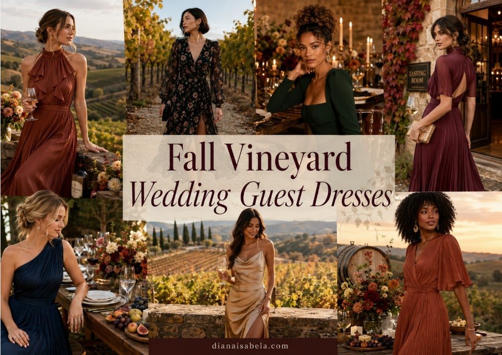 Fall vineyard wedding guest dresses in rich seasonal colors styled for elegant wine-country celebrations.