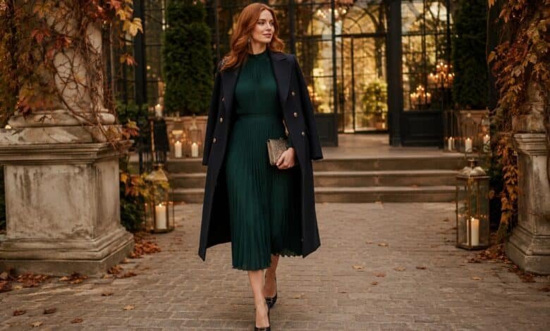 Fall wedding guest dress for cold weather in deep green styled with a tailored navy coat, black heels, and an evening clutch.