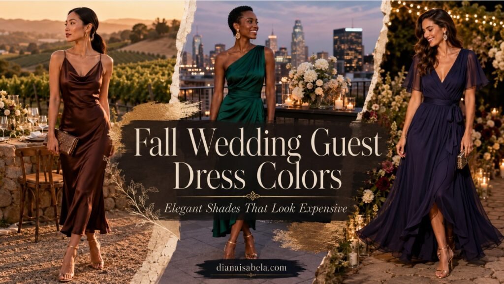 Fall wedding guest dress colors shown through elegant brown, emerald, and plum outfits in stylish autumn wedding settings.