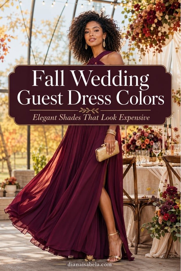 Fall wedding guest dress colors guide with a burgundy gown and elegant autumn reception styling.