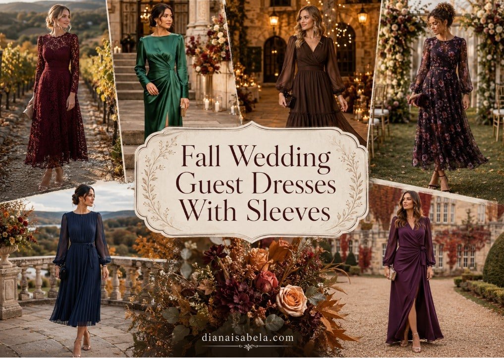 Fall wedding guest dresses with sleeves in burgundy, emerald, chocolate, navy, floral, and plum styles for elegant autumn ceremonies and receptions.